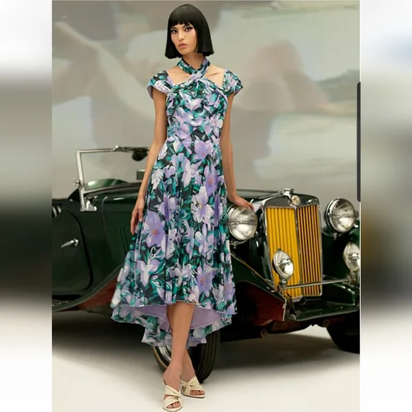 white christmas dresses Tadashi Shoji CHQ25199L Long Floral Pleated Formal Dress – The Dress Outlet main image 1
